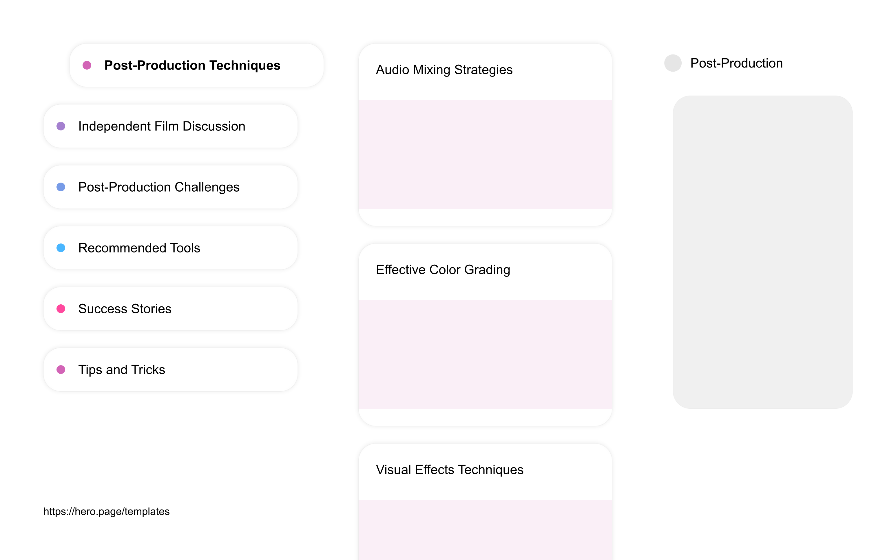 Infographic visualizing the "Post-Production" space template list "Post-Production Techniques", with the items: "Audio Mixing Strategies, Effective Color Grading, Visual Effects Techniques, Non-Linear Editing Concepts, Sound Design Tips"