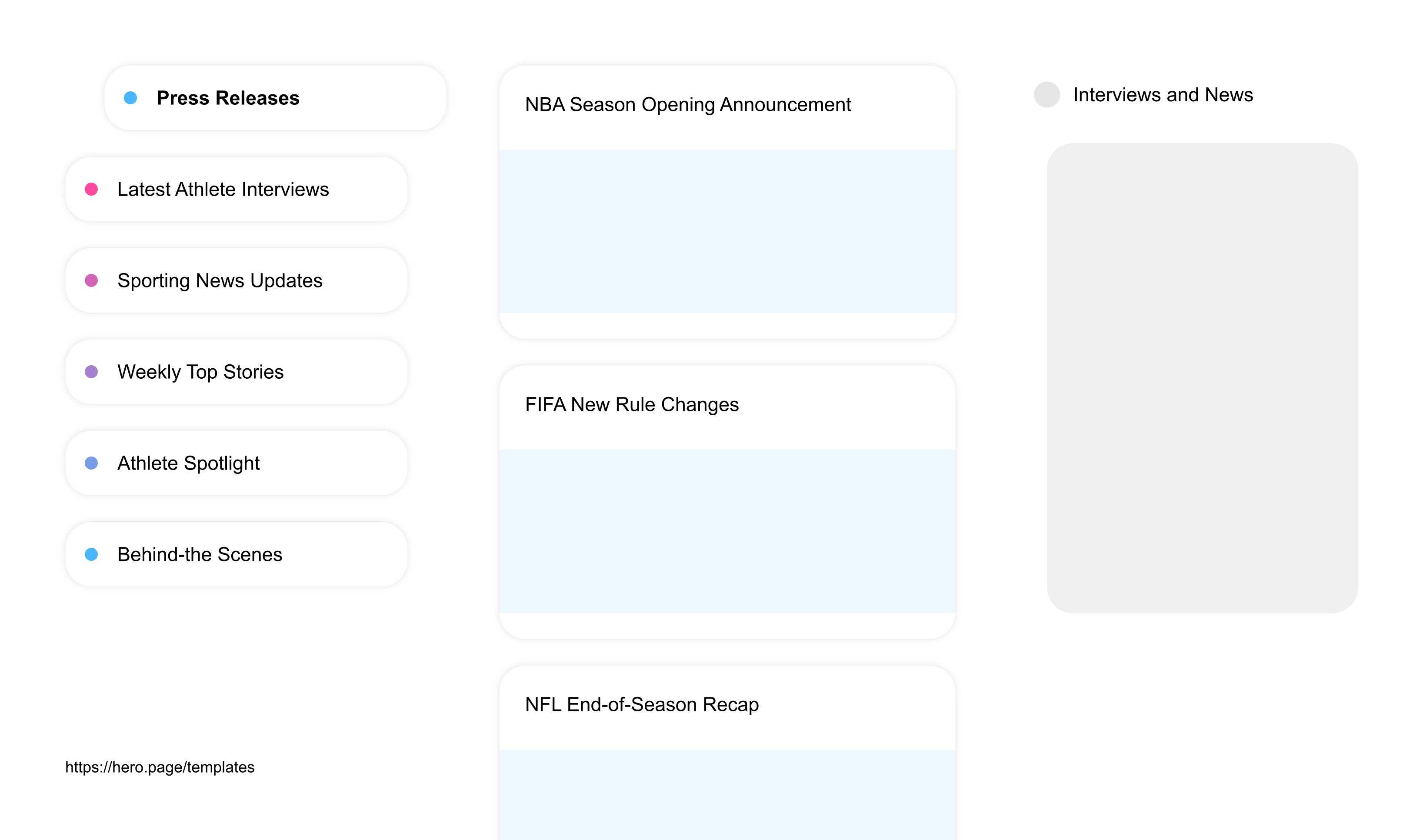 Infographic visualizing the "Interviews and News" space template list "Press Releases", with the items: "NBA Season Opening Announcement, FIFA New Rule Changes, NFL End-of-Season Recap, Grand Slam Tournament Alert, Athlete Charity Event News"