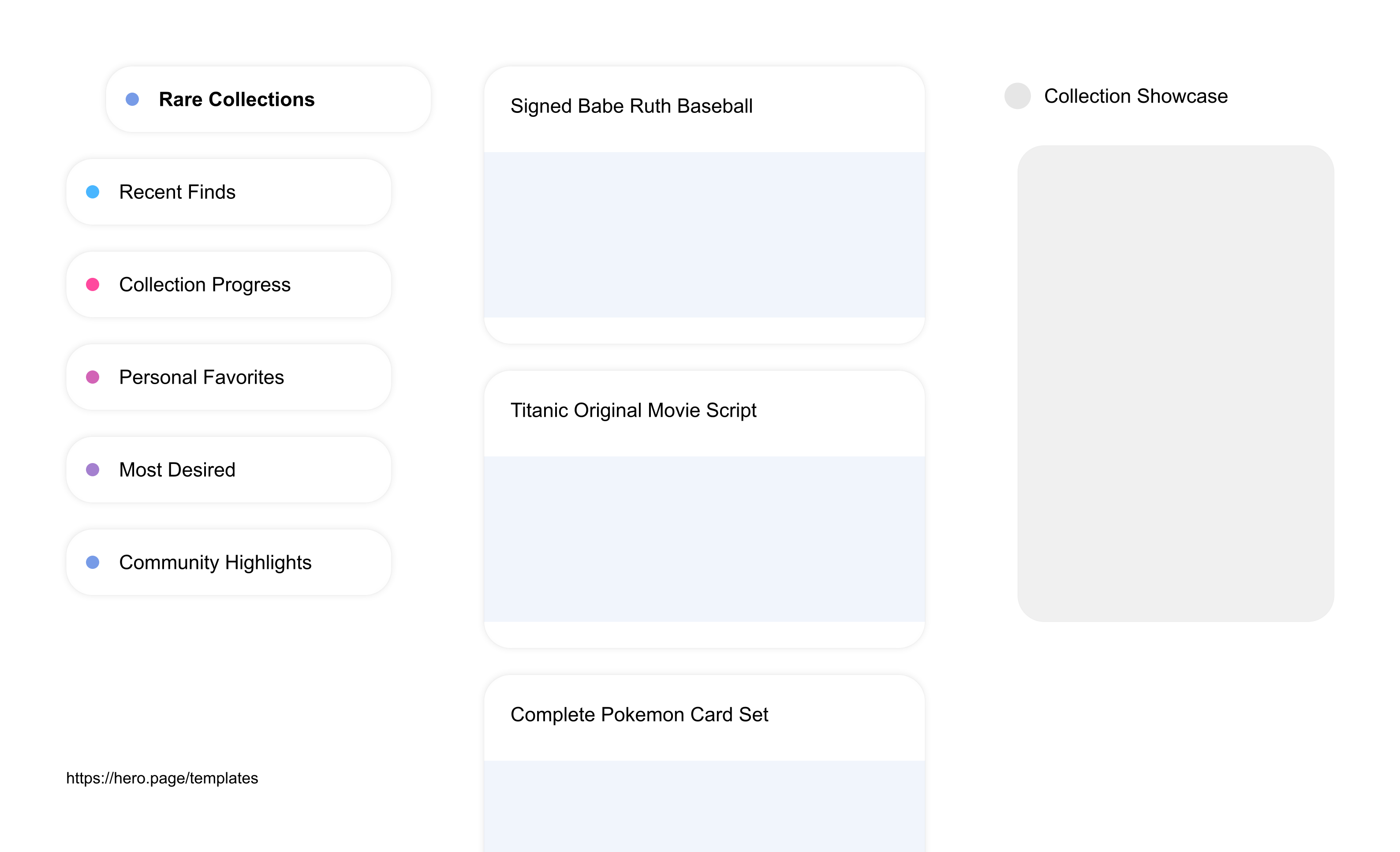 Infographic visualizing the "Collection Showcase" space template list "Rare Collections", with the items: "Signed Babe Ruth Baseball, Titanic Original Movie Script, Complete Pokemon Card Set, First Edition Jane Austen, Mint Condition 1952 Mickey Mantle"