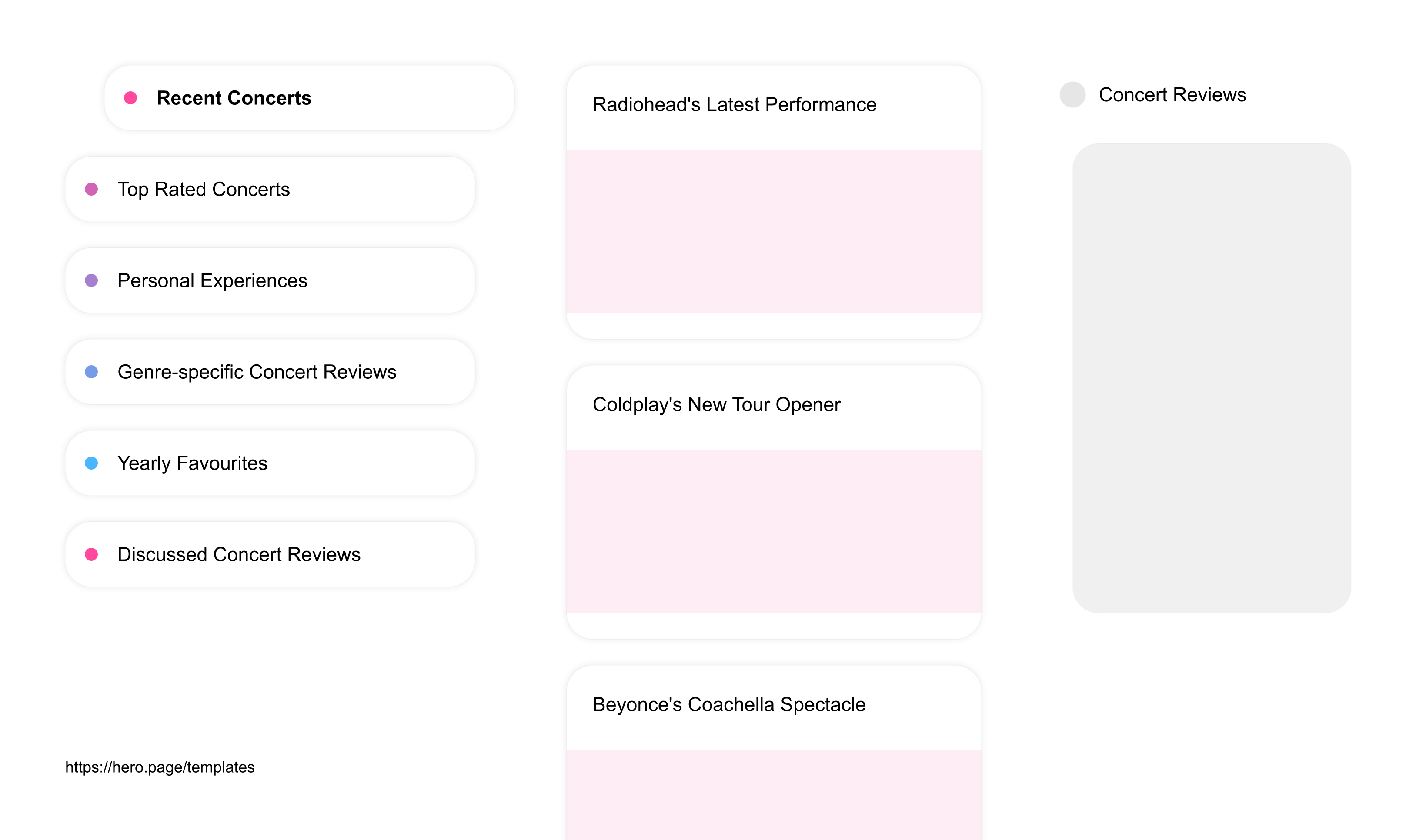 Infographic visualizing the "Concert Reviews" space template list "Recent Concerts", with the items: "Radiohead's Latest Performance, Coldplay's New Tour Opener, Beyonce's Coachella Spectacle, Eminem's Surprise Gig, U2's Experience + Innocence"