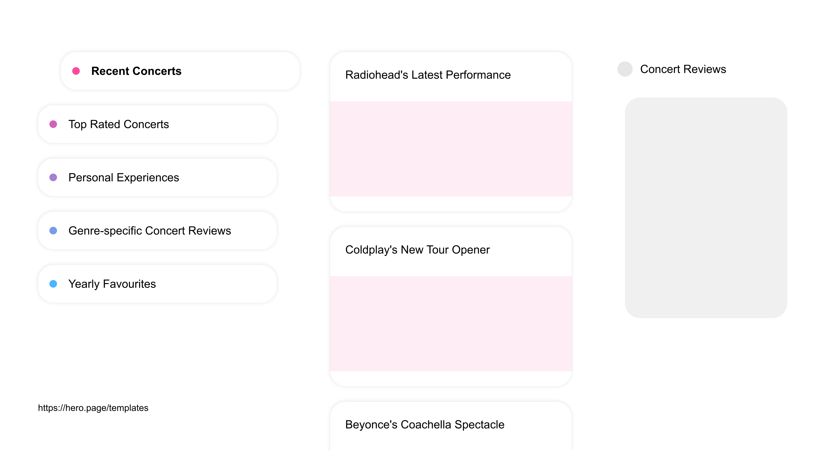 A visual diagram of what a Concerts and Music Festivals space looks like with relevant lists A visual diagram of what a Concerts and Music Festivals space looks like with relevant lists