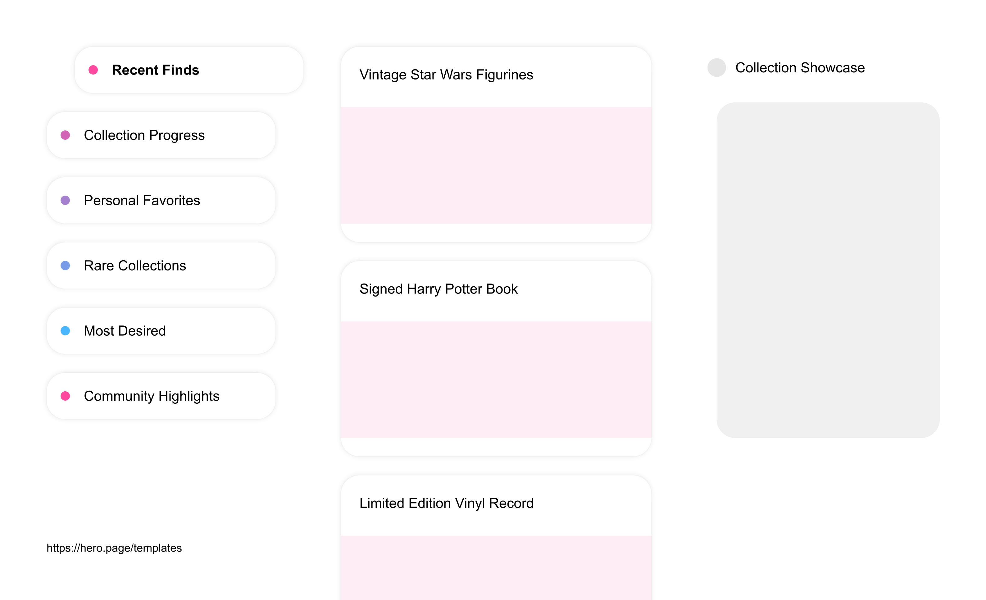 Infographic visualizing the "Collection Showcase" space template list "Recent Finds", with the items: "Vintage Star Wars Figurines, Signed Harry Potter Book, Limited Edition Vinyl Record, Rare 19th Century Coin, Autographed Baseball Memorabilia"