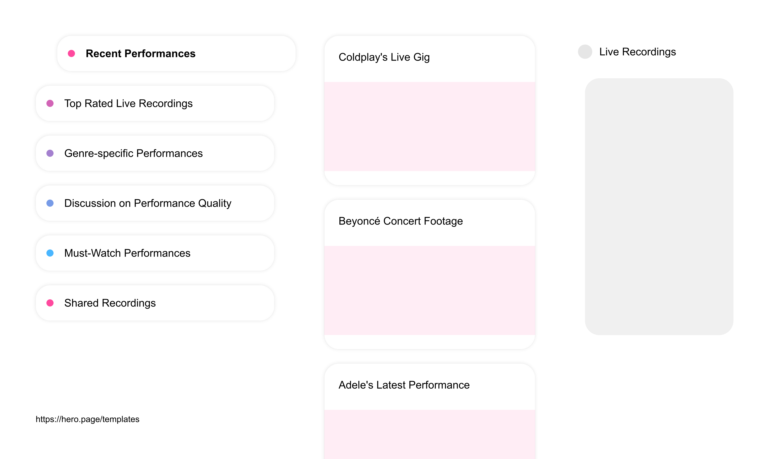Infographic visualizing the "Live Recordings" space template list "Recent Performances", with the items: "Coldplay's Live Gig, Beyoncé Concert Footage, Adele's Latest Performance, Billie Eilish Live Show, Ed Sheeran's Tour Recording"