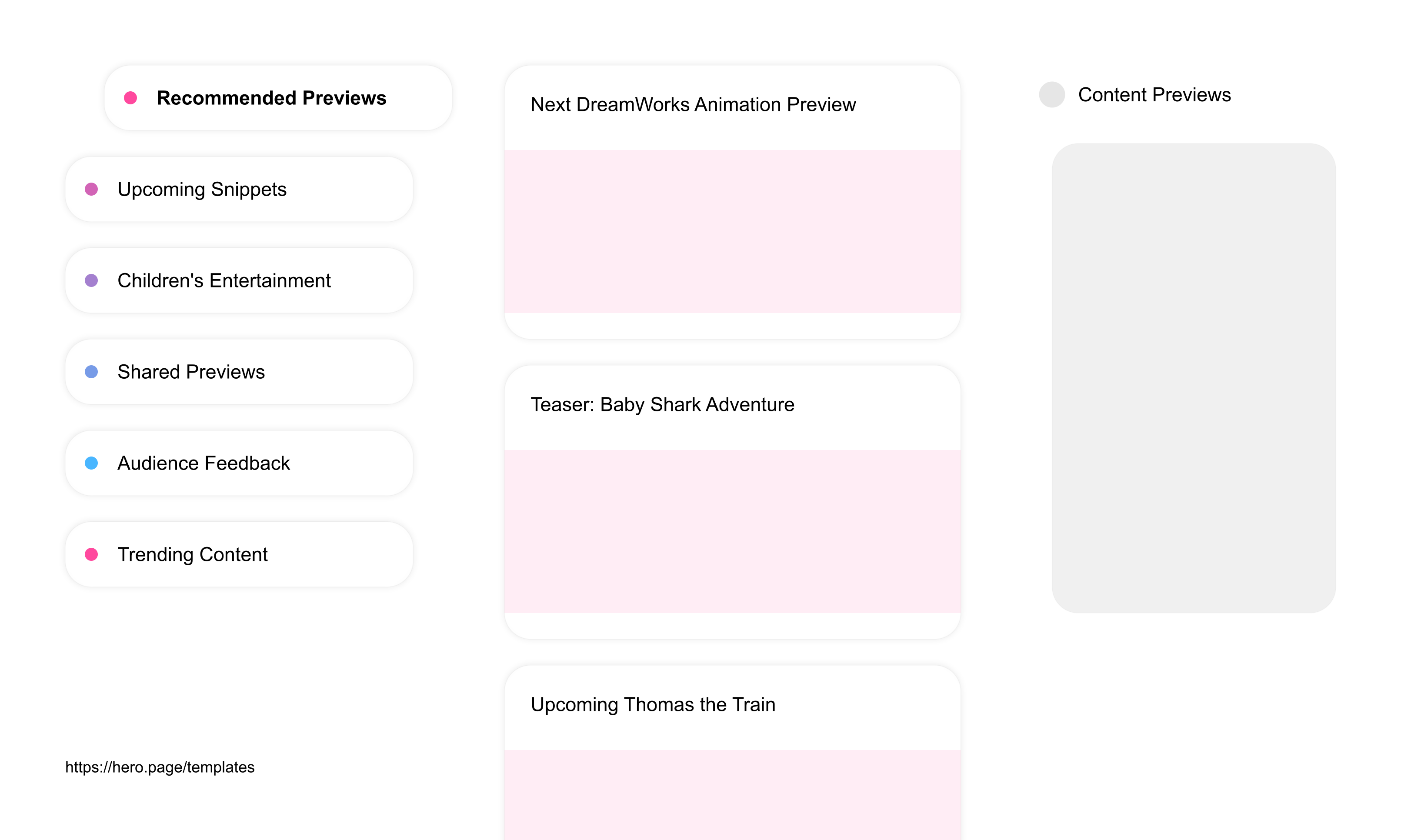 Infographic visualizing the "Content Previews" space template list "Recommended Previews", with the items: "Next DreamWorks Animation Preview, Teaser: Baby Shark Adventure, Upcoming Thomas the Train, Sneak Peek: Super Hero Girls, Pixar's Incredible's Sequel Teaser"