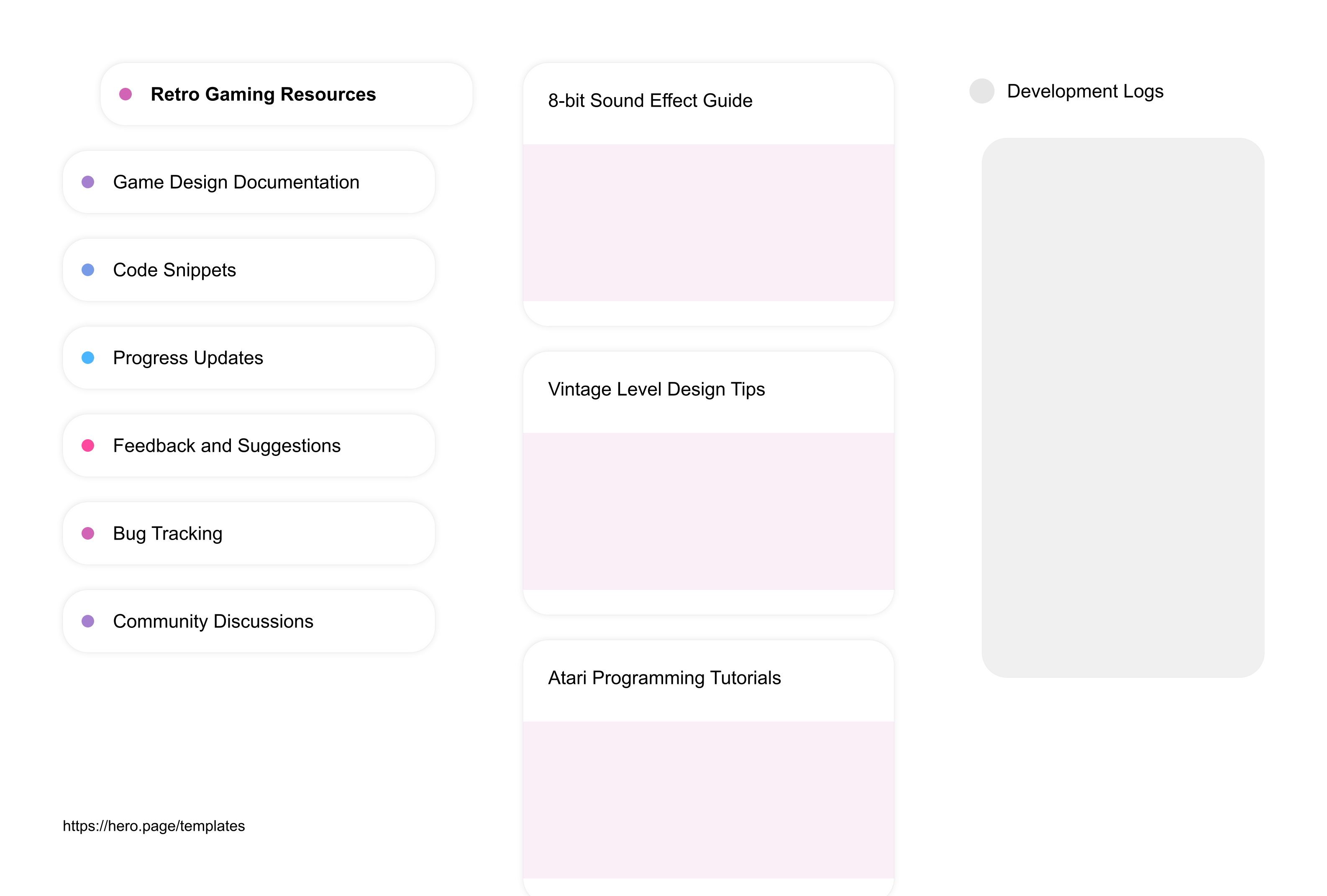 Infographic visualizing the "Development Logs" space template list "Retro Gaming Resources", with the items: "8-bit Sound Effect Guide, Vintage Level Design Tips, Atari Programming Tutorials, Arcade Mechanics Studies, Pixel Art Creation Techniques"