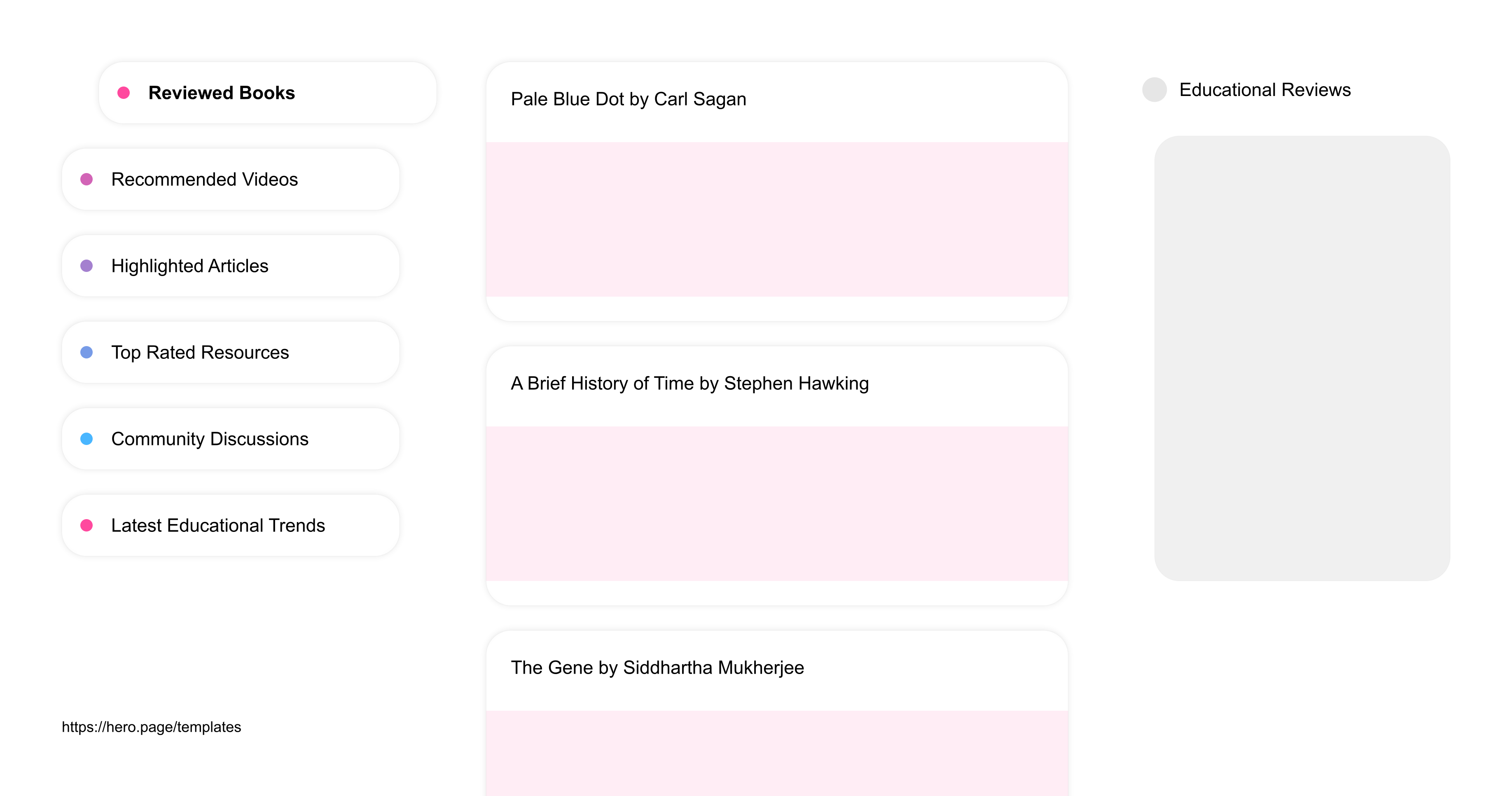 Infographic visualizing the "Educational Reviews" space template list "Reviewed Books", with the items: "Pale Blue Dot by Carl Sagan, A Brief History of Time by Stephen Hawking, The Gene by Siddhartha Mukherjee, The Elegant Universe by Brian Greene, The Immortal Life of Henrietta Lacks by Rebecca Skloot"
