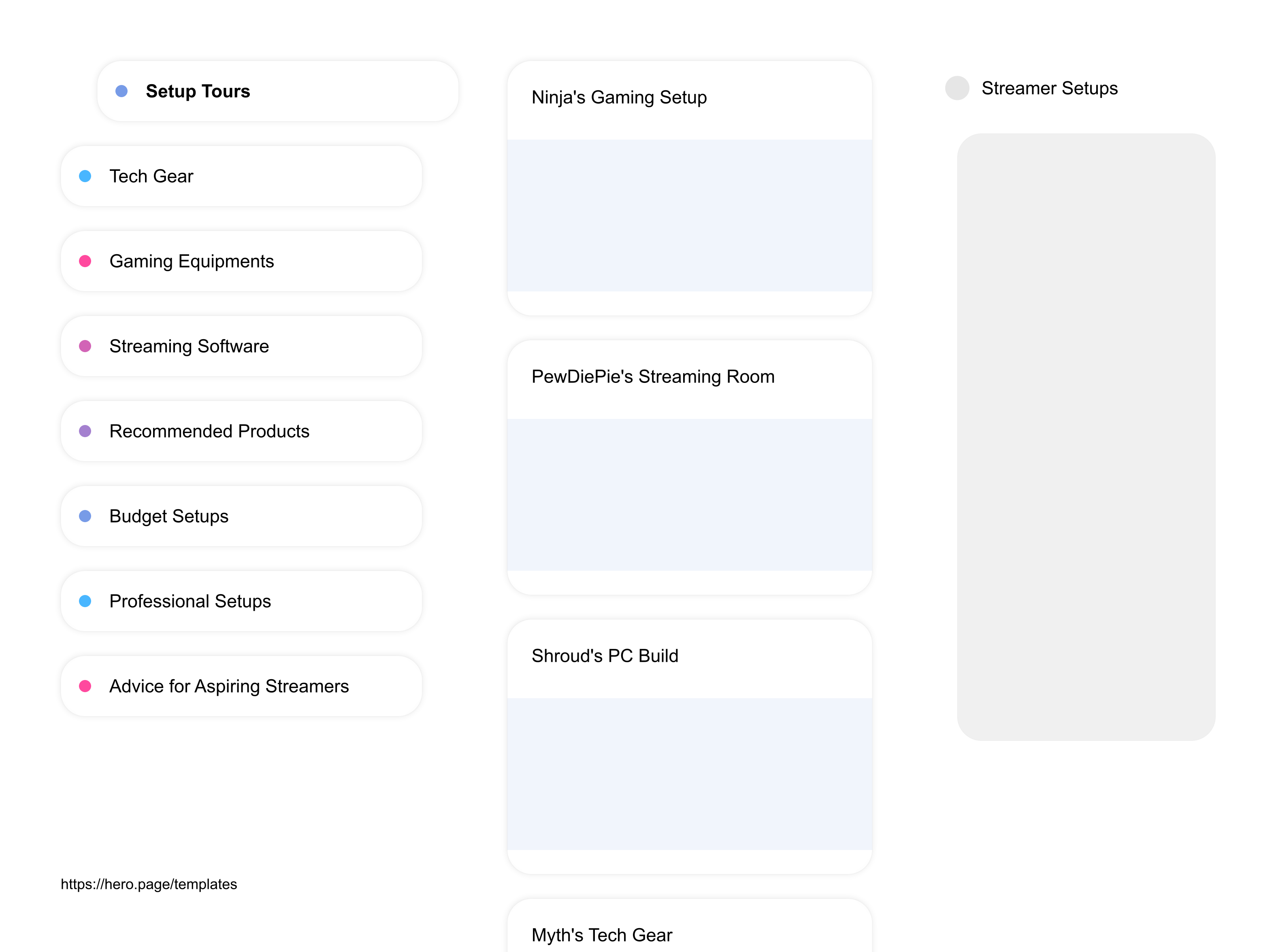 Infographic visualizing the "Streamer Setups" space template list "Setup Tours", with the items: "Ninja's Gaming Setup, PewDiePie's Streaming Room, Shroud's PC Build, Myth's Tech Gear, DrDisrespect's Battle Station"