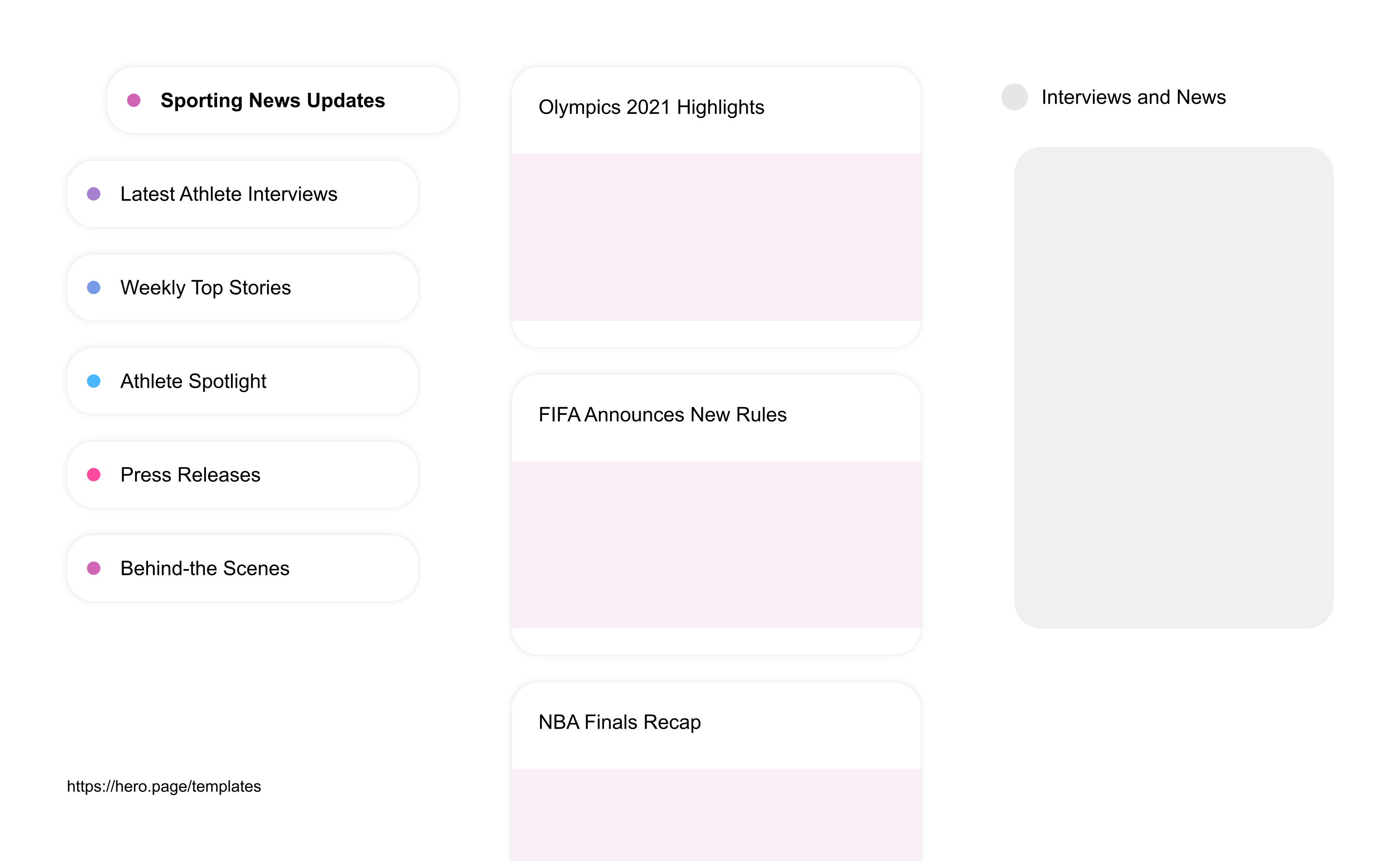 Infographic visualizing the "Interviews and News" space template list "Sporting News Updates", with the items: "Olympics 2021 Highlights, FIFA Announces New Rules, NBA Finals Recap, Grand Slam Latest Result, Major League Baseball Update"