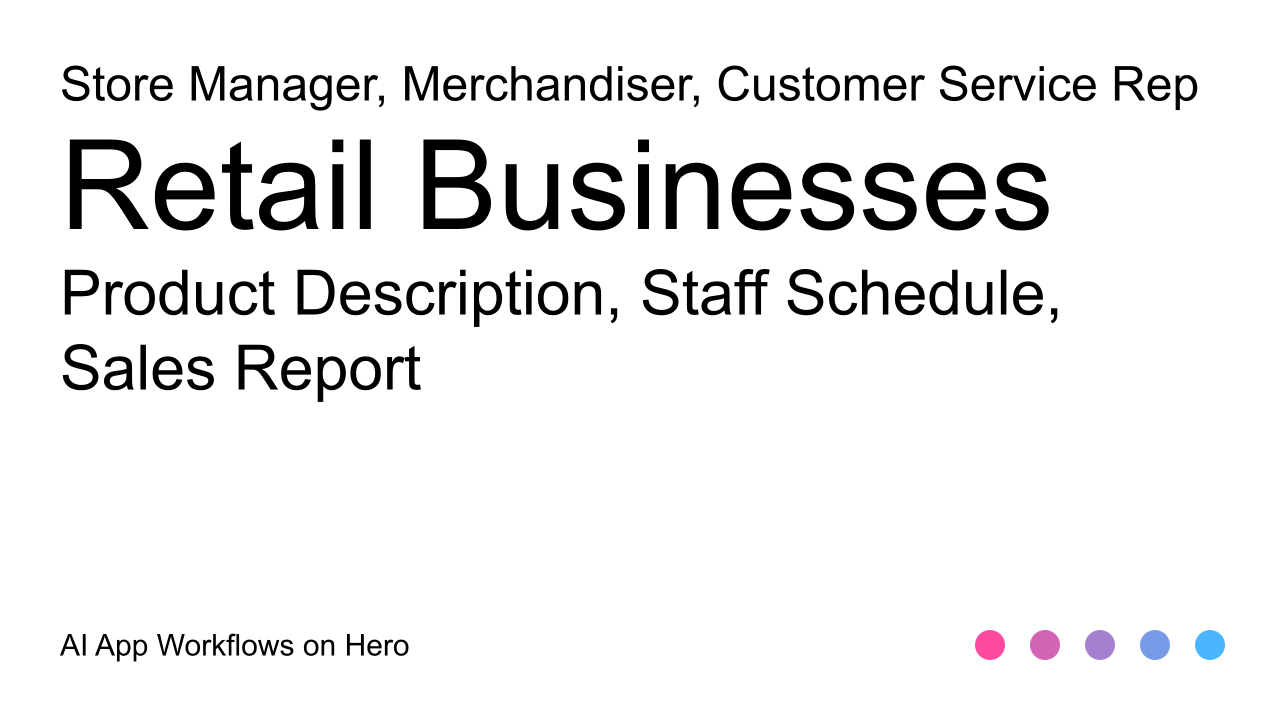 The text Retail Businesses and Product Description, Staff Schedule, Sales Report on a white background