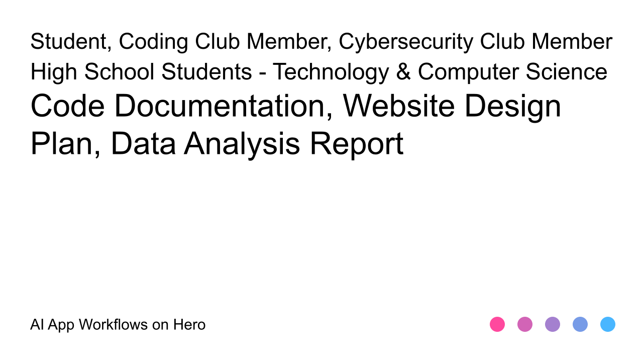 The text High School Students - Technology & Computer Science and Code Documentation, Website Design Plan, Data Analysis Report on a white background