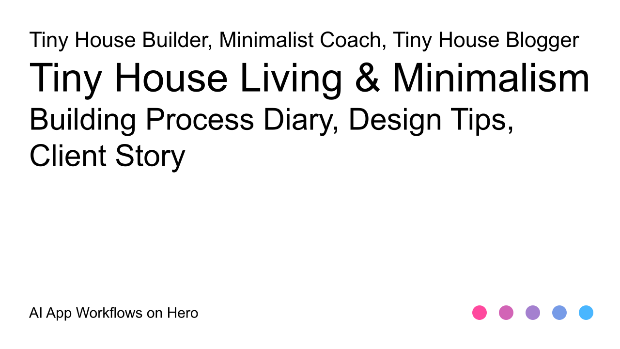 The text Tiny House Living & Minimalism and Building Process Diary, Design Tips, Client Story on a white background