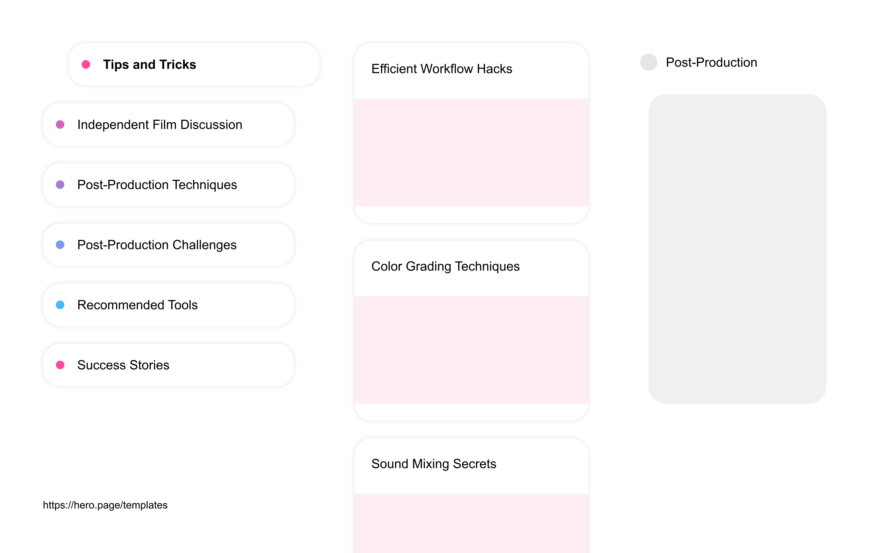 Infographic visualizing the "Post-Production" space template list "Tips and Tricks", with the items: "Efficient Workflow Hacks, Color Grading Techniques, Sound Mixing Secrets, Effective Editing Tips, Visual Effects Shortcuts"