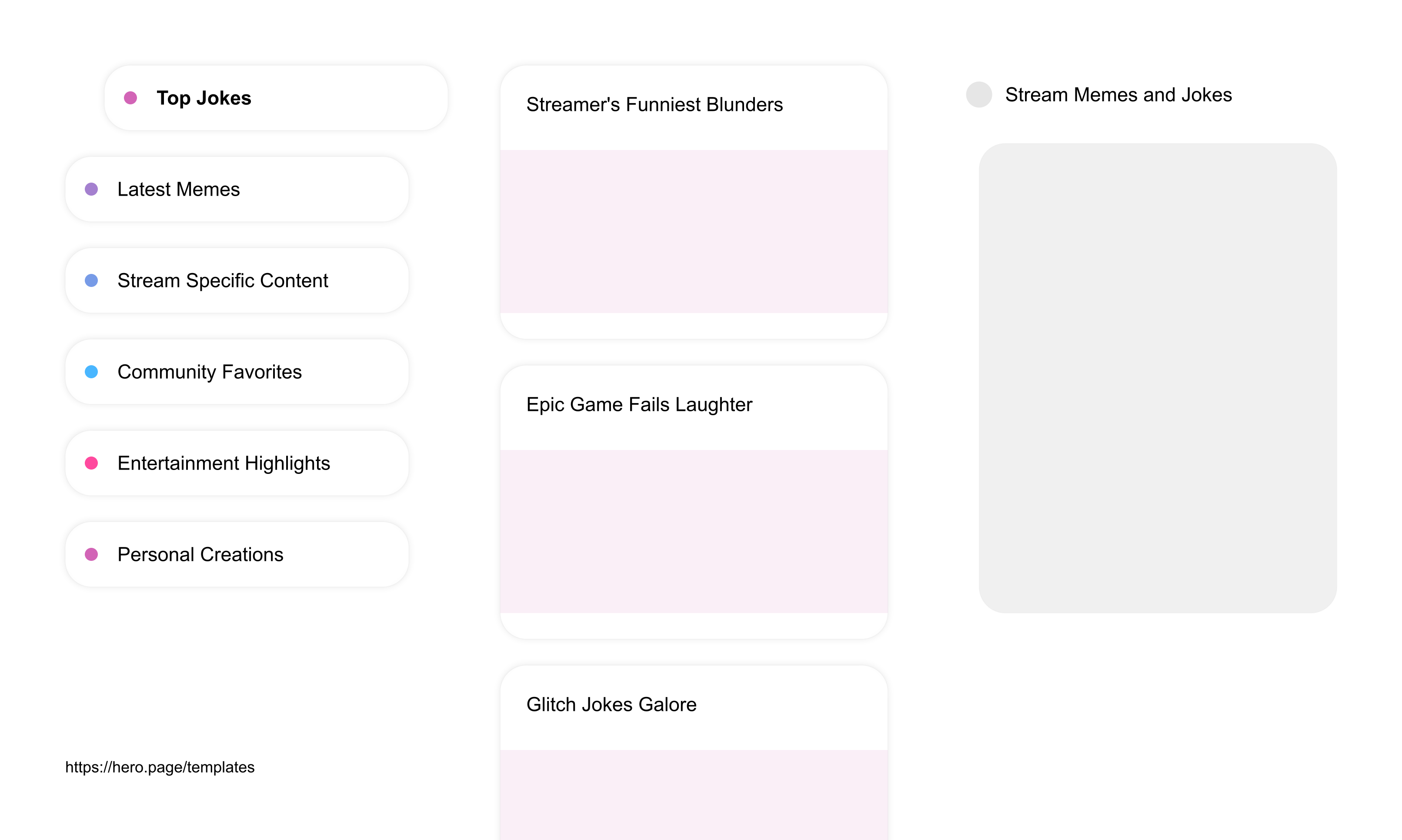 Infographic visualizing the "Stream Memes and Jokes" space template list "Top Jokes", with the items: "Streamer's Funniest Blunders, Epic Game Fails Laughter, Glitch Jokes Galore, Unexpected Stream Humor, Chatroom Banter Highlights"
