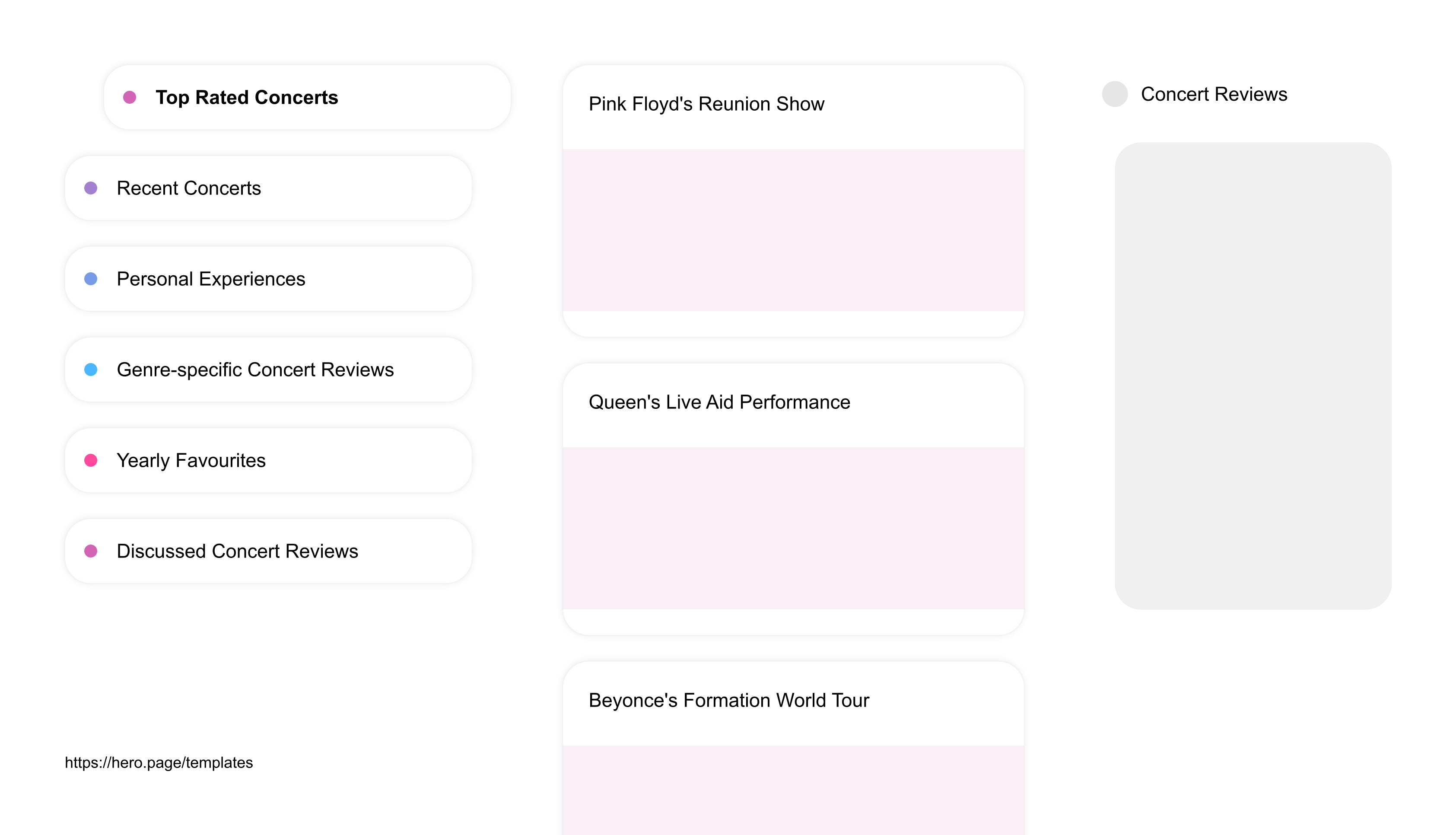 Infographic visualizing the "Concert Reviews" space template list "Top Rated Concerts", with the items: "Pink Floyd's Reunion Show, Queen's Live Aid Performance, Beyonce's Formation World Tour, Coldplay's A Head Full of Dreams Tour, Adele's 25 Live Tour"