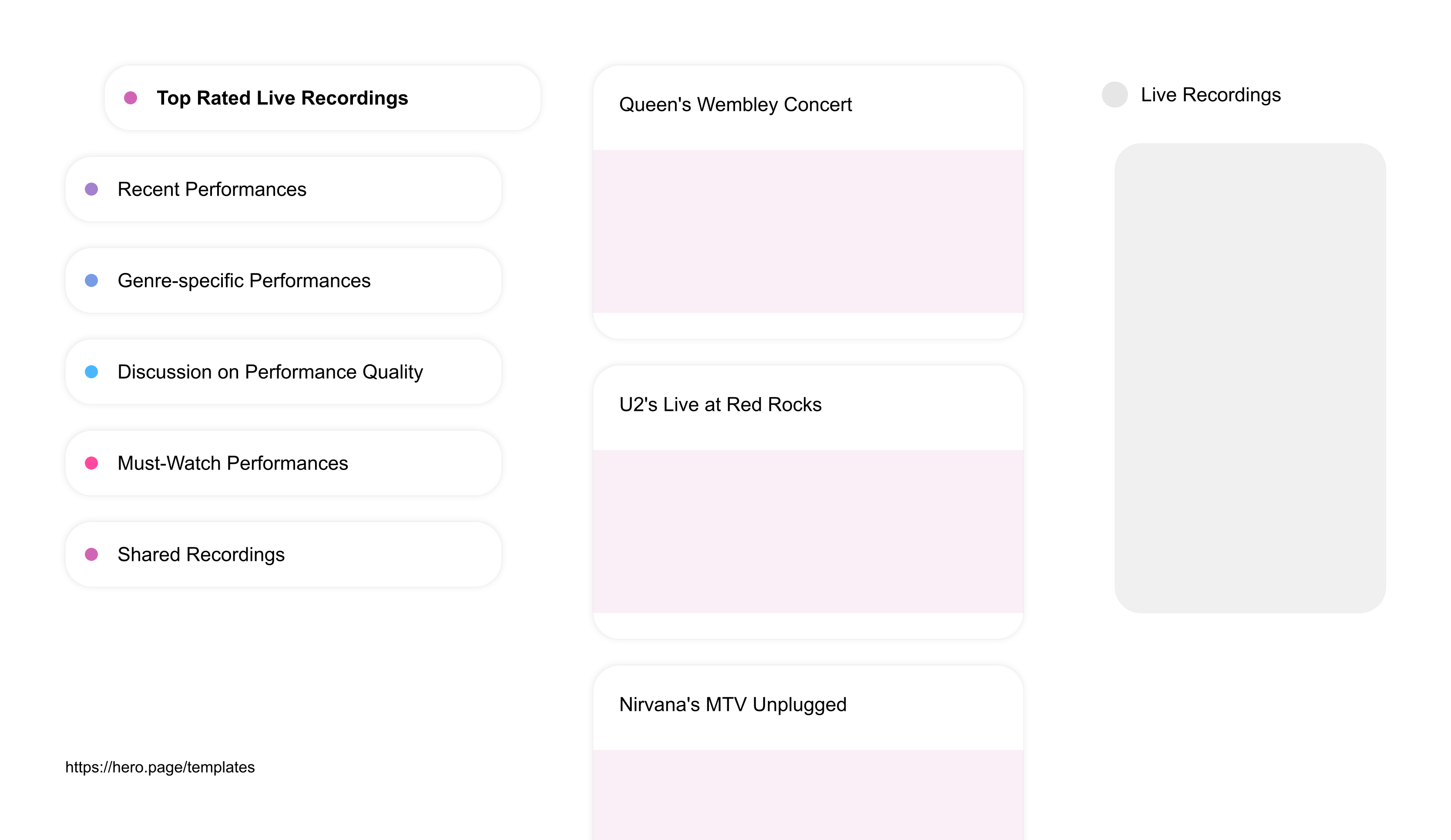 Infographic visualizing the "Live Recordings" space template list "Top Rated Live Recordings", with the items: "Queen's Wembley Concert, U2's Live at Red Rocks, Nirvana's MTV Unplugged, Beyoncé's Coachella Performance, Pink Floyd's Pulse Concert"