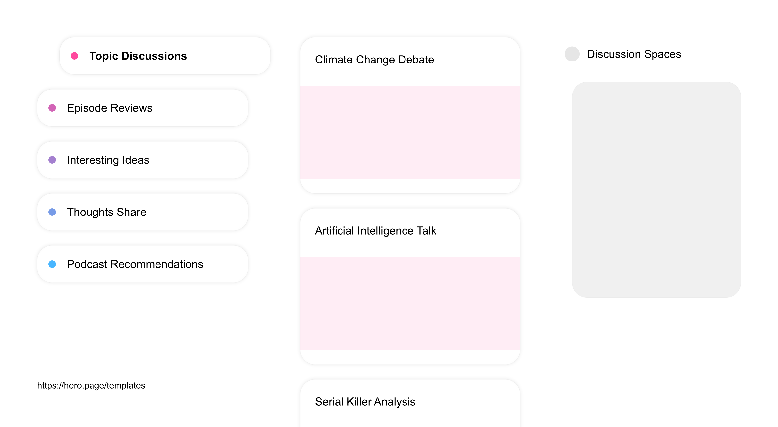 Infographic visualizing the "Discussion Spaces" space template list "Topic Discussions", with the items: "Climate Change Debate, Artificial Intelligence Talk, Serial Killer Analysis, Philosophy of Happiness, Existential Theory Discussion"