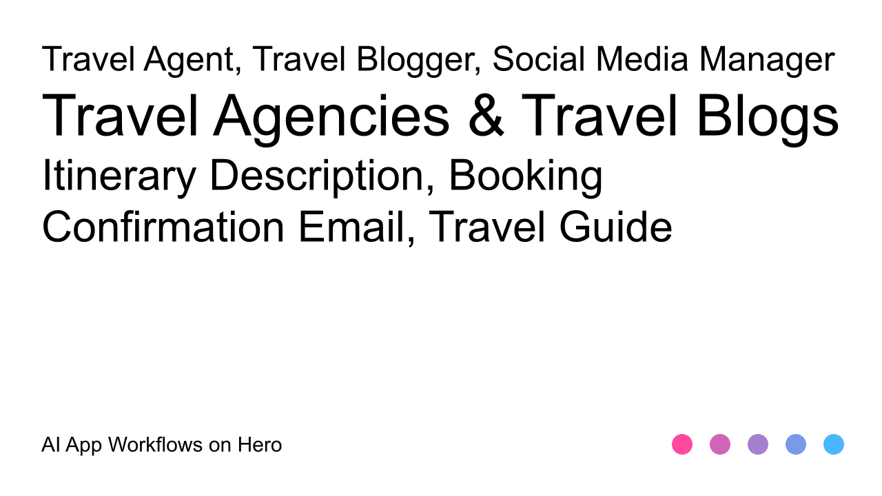 The text Travel Agencies & Travel Blogs and Itinerary Description, Booking Confirmation Email, Travel Guide on a white background