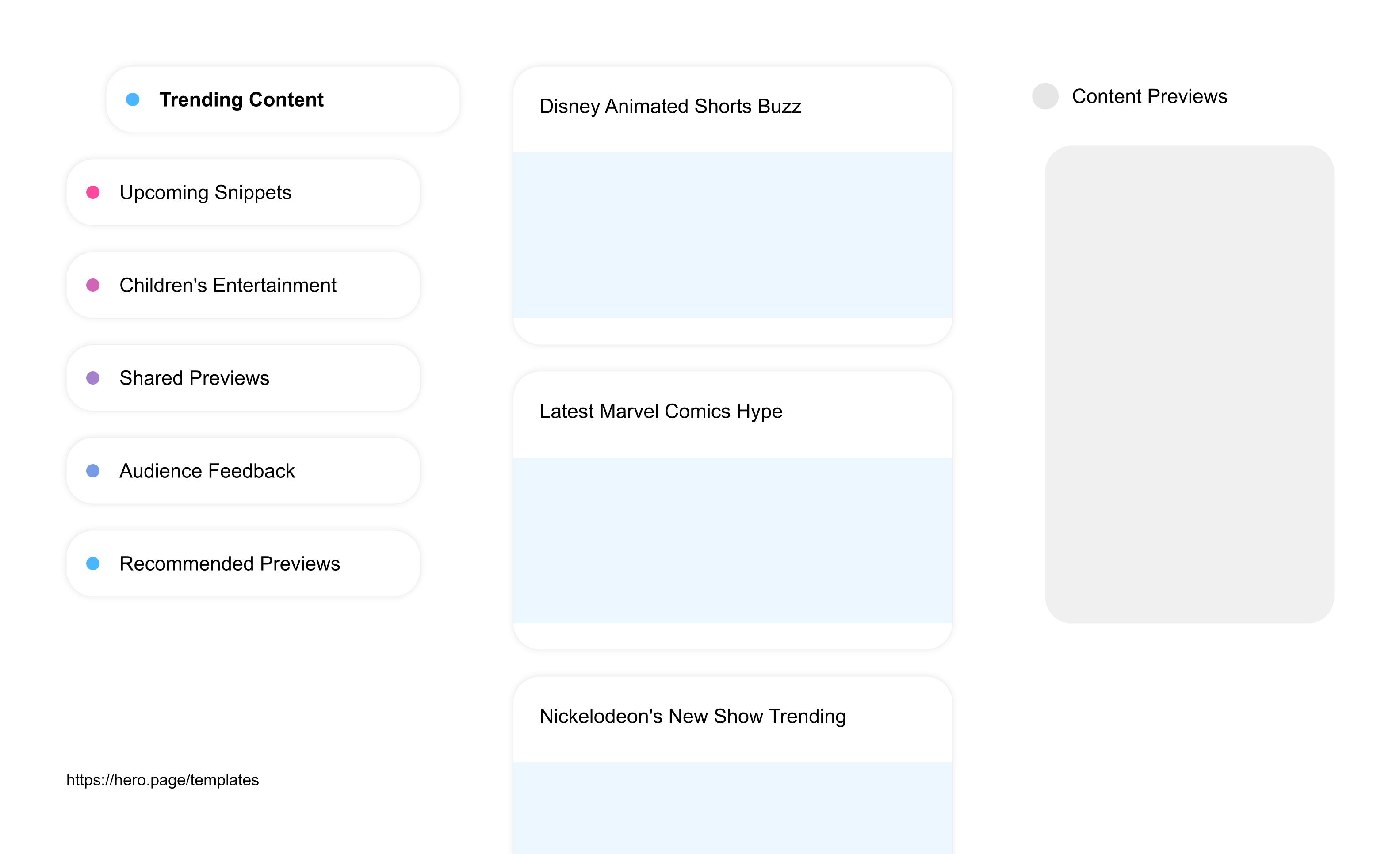 Infographic visualizing the "Content Previews" space template list "Trending Content", with the items: "Disney Animated Shorts Buzz, Latest Marvel Comics Hype, Nickelodeon's New Show Trending, New Pokemon Series Excitement, Hottest Pixar Film Teaser"