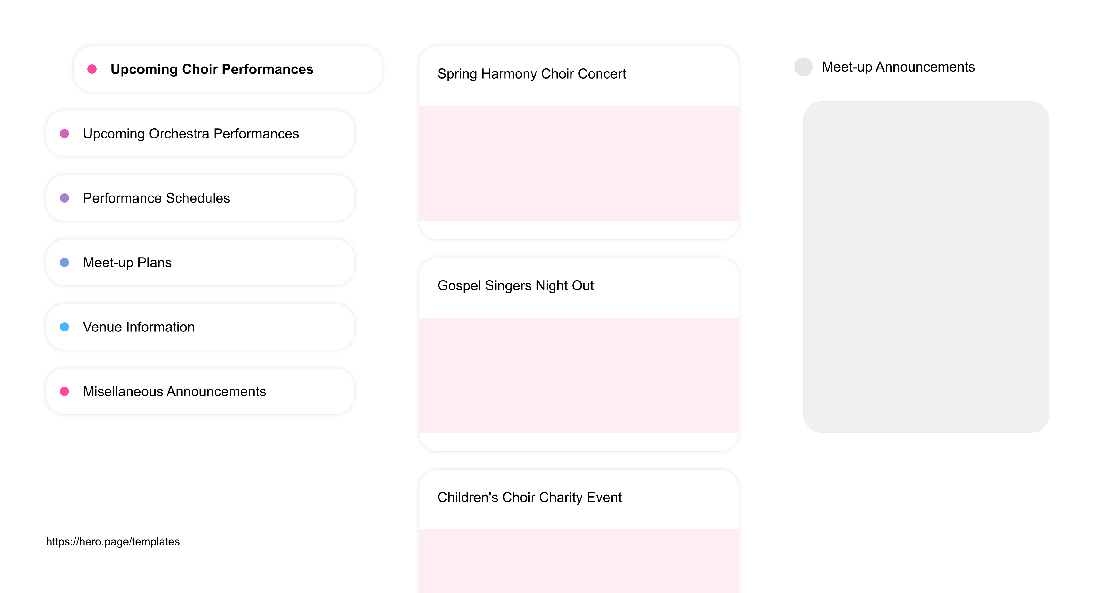 Infographic visualizing the "Meet-up Announcements" space template list "Upcoming Choir Performances", with the items: "Spring Harmony Choir Concert, Gospel Singers Night Out, Children's Choir Charity Event, Baroque Chorale in Cathedral, Community Choir Christmas Caroling"