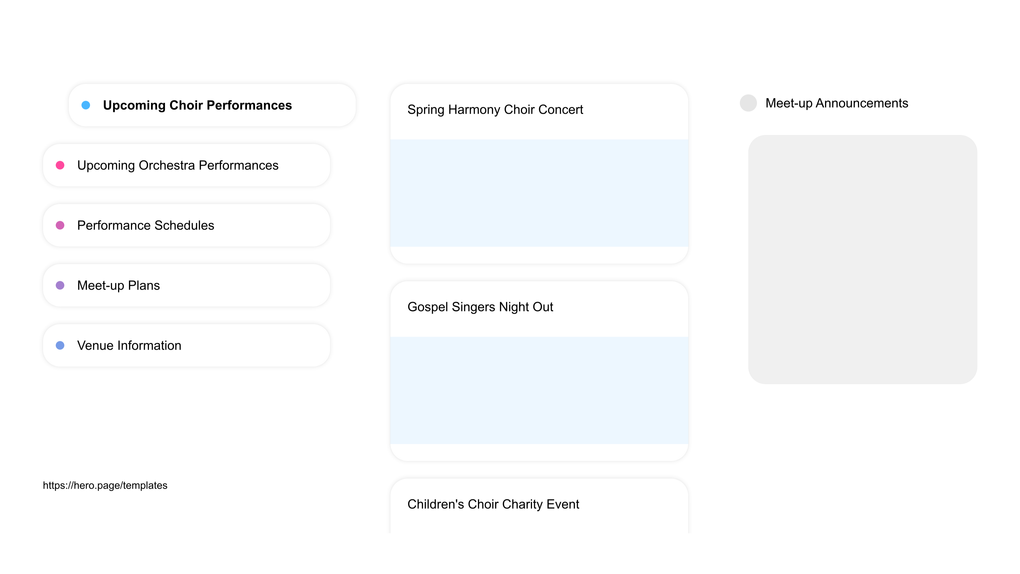 A visual diagram of what a Choirs and Orchestras space looks like with relevant lists A visual diagram of what a Choirs and Orchestras space looks like with relevant lists