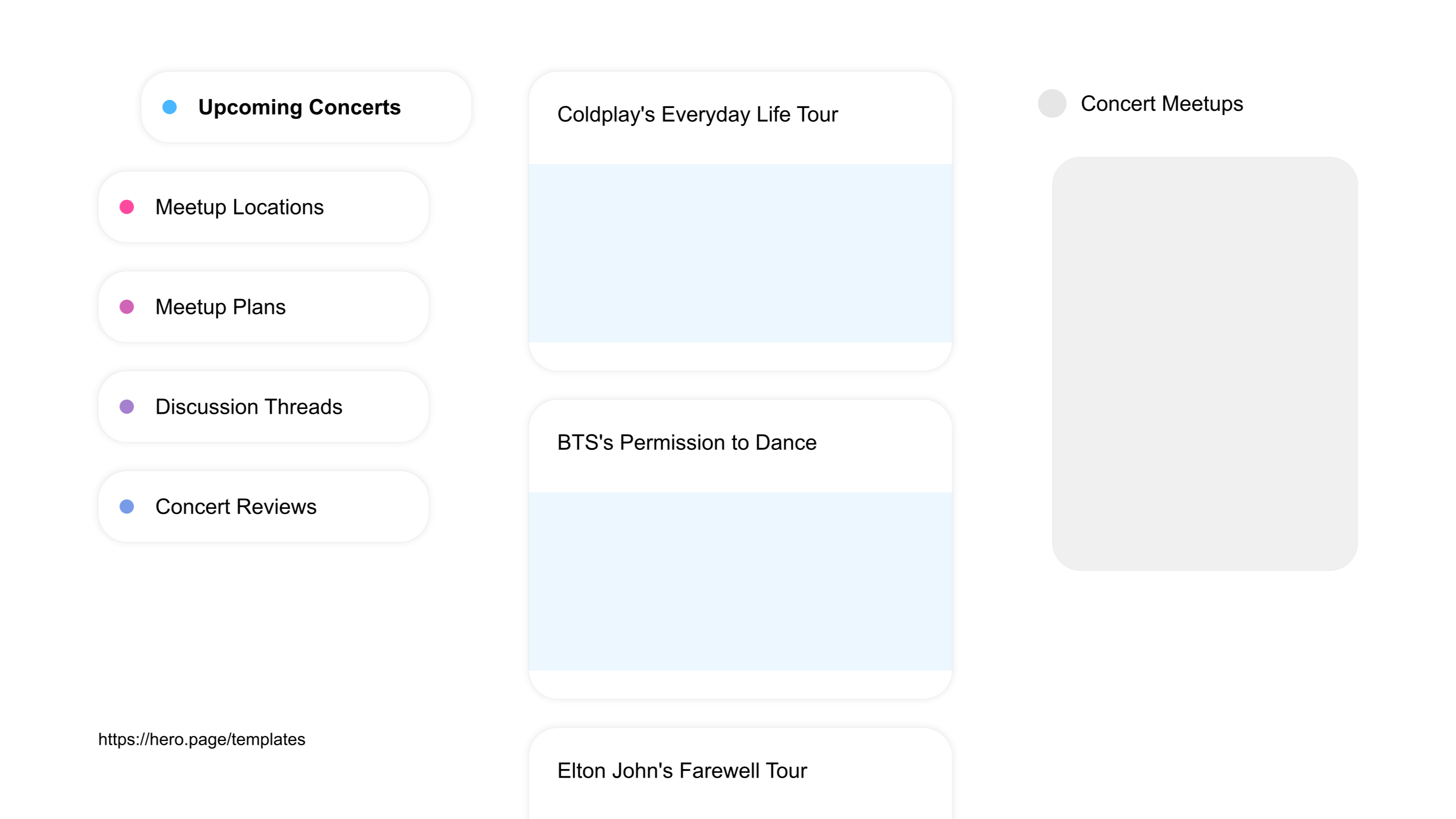A visual diagram of what a Concerts and Music Festivals space looks like with relevant lists