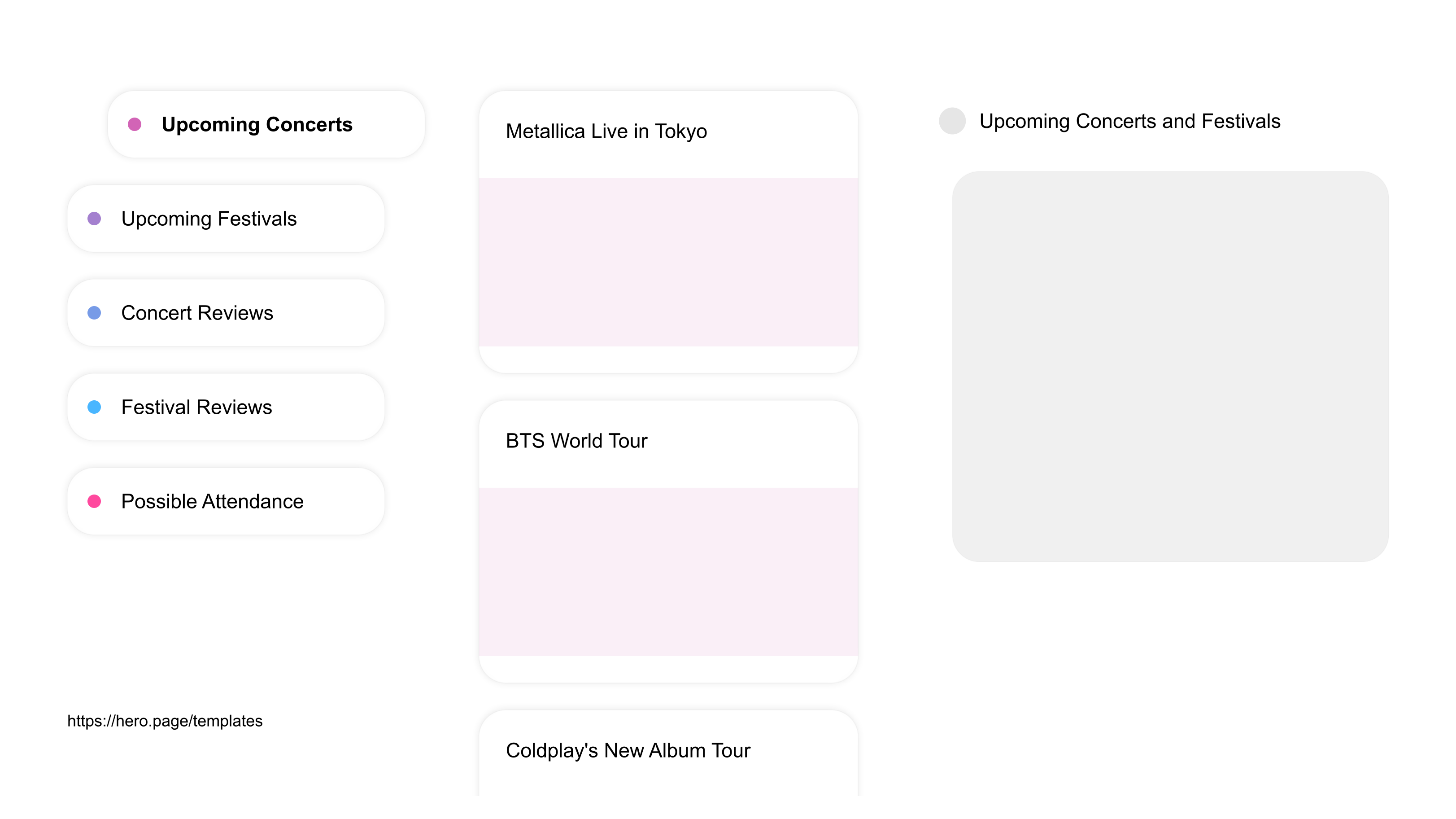 A visual diagram of what a Concerts and Music Festivals space looks like with relevant lists