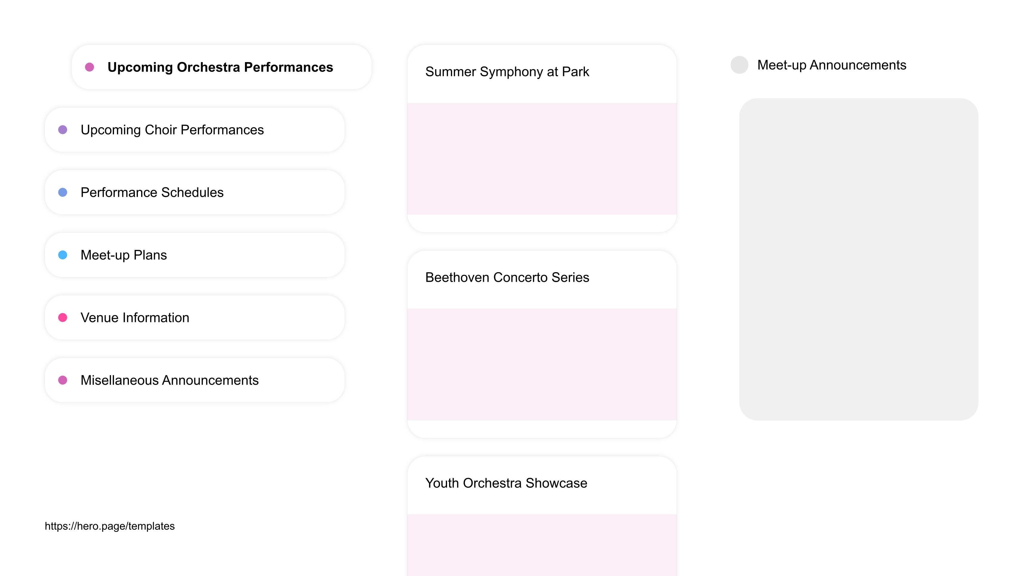 Infographic visualizing the "Meet-up Announcements" space template list "Upcoming Orchestra Performances", with the items: "Summer Symphony at Park, Beethoven Concerto Series, Youth Orchestra Showcase, Chamber Music Extravaganza, String Quartet Sunday"