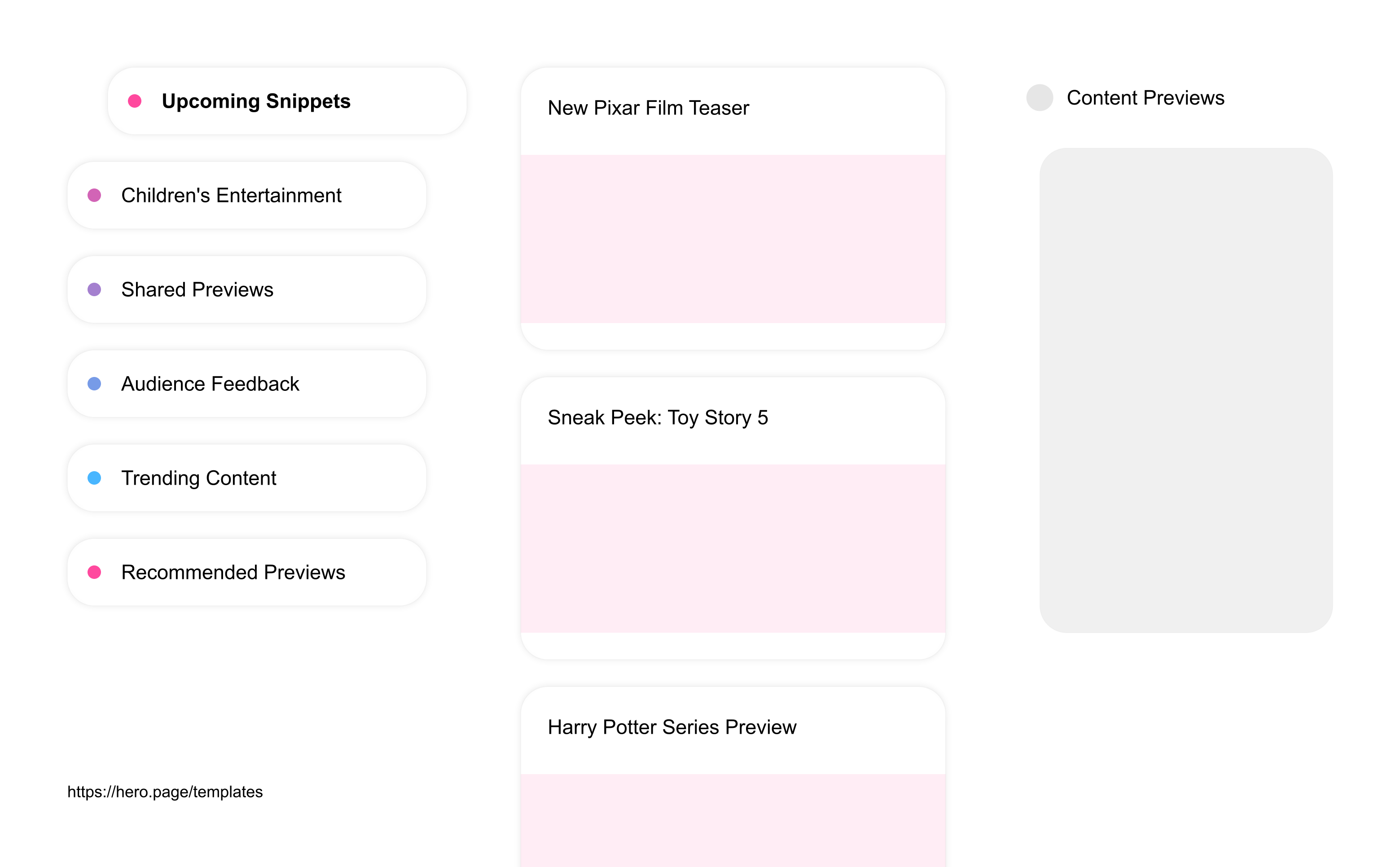 Infographic visualizing the "Content Previews" space template list "Upcoming Snippets", with the items: "New Pixar Film Teaser, Sneak Peek: Toy Story 5, Harry Potter Series Preview, Disney's Latest Animated Shorts, Upcoming Marvel Kids Comics"
