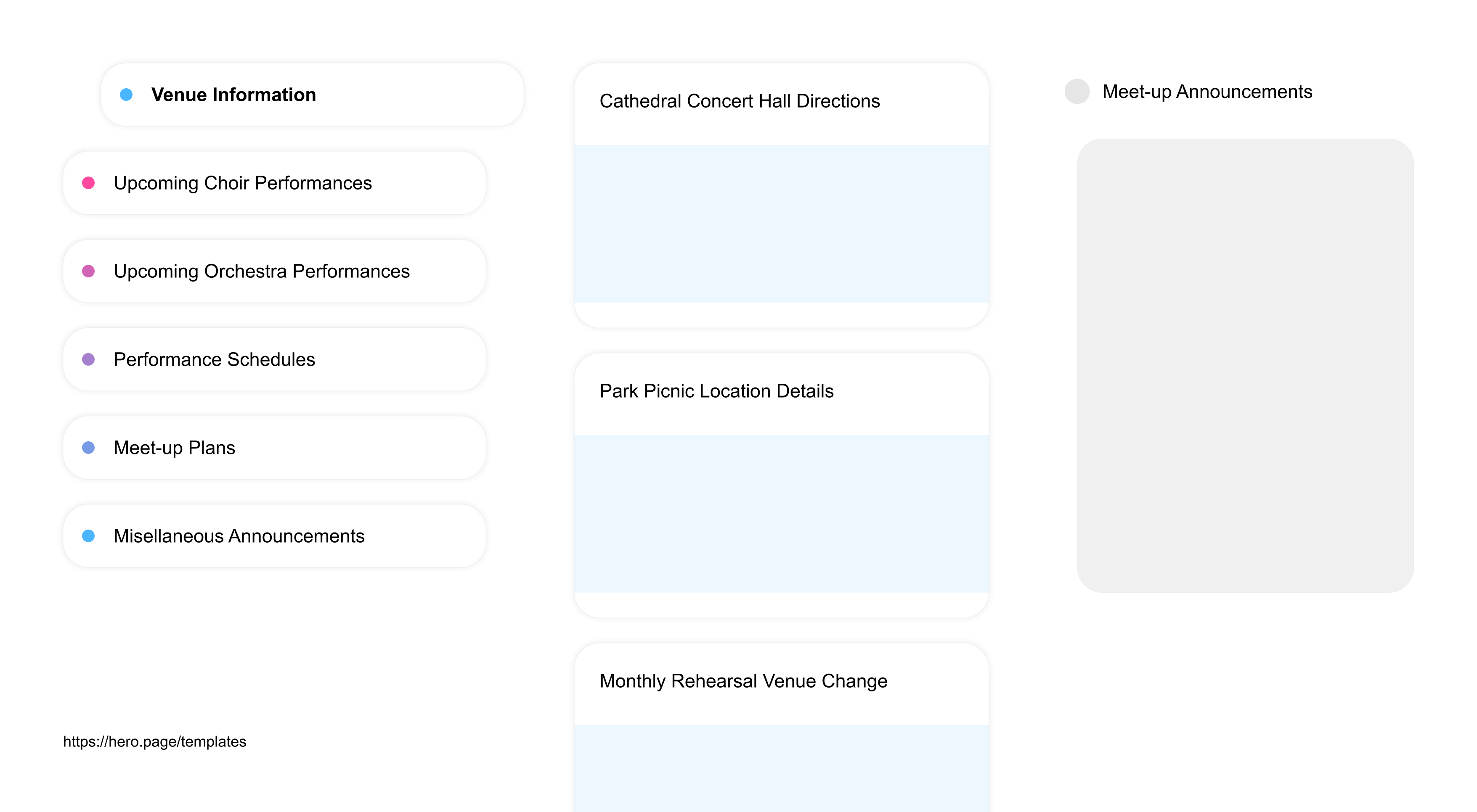 Infographic visualizing the "Meet-up Announcements" space template list "Venue Information", with the items: "Cathedral Concert Hall Directions, Park Picnic Location Details, Monthly Rehearsal Venue Change, Charity Event Parking Info, Church Acoustic Setup"