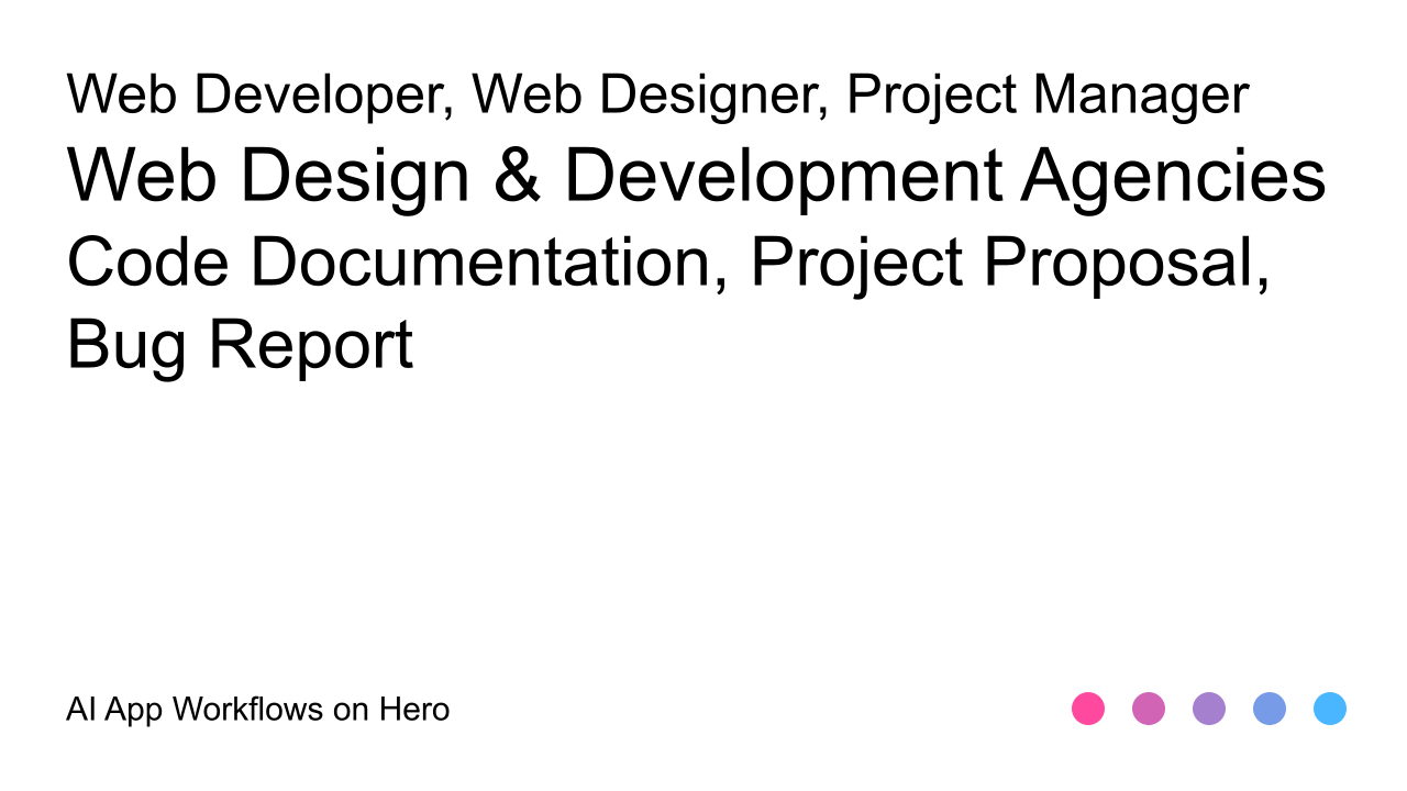 The text Web Design & Development Agencies and Code Documentation, Project Proposal, Bug Report on a white background