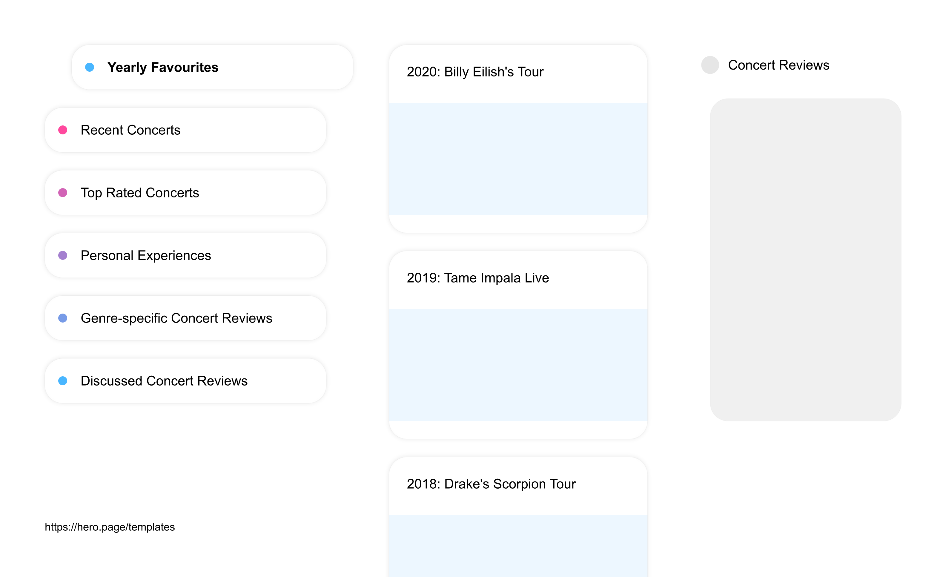 Infographic visualizing the "Concert Reviews" space template list "Yearly Favourites", with the items: "2020: Billy Eilish's Tour, 2019: Tame Impala Live, 2018: Drake's Scorpion Tour, 2017: Ed Sheeran's Gig, 2016: Rihanna's ANTI World"