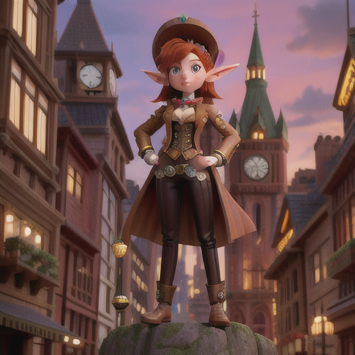 Steampunk city elf, coppery auburn hair and mechanical artificial ears, navigating the bustling streets of a steampunk metropolis, tinkering with a complex wrist-mounted device, an imposing clock tower dominating the skyline, a tailcoat with brass accents, sharp and intricate anime style, expressing ingenuity and sophistication