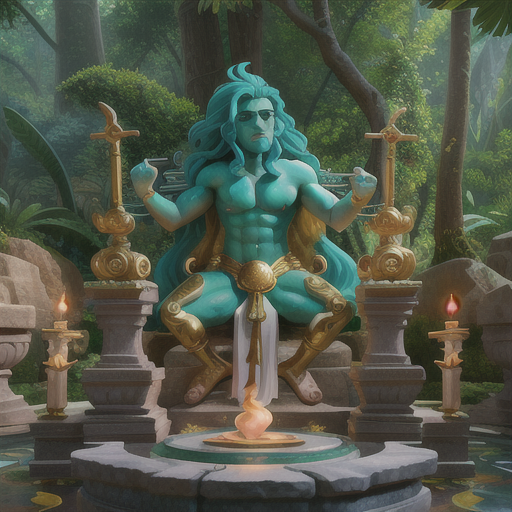 Powerful demi-god, flowing turquoise hair and rippling biceps, in an ancient, lush temple, channeling divine energy to vanquish a dark force, cracked stone statues and offerings on altar, adorned with golden accessories and elemental-themed attire, vivid and painterly art style, epic and spiritual confrontation