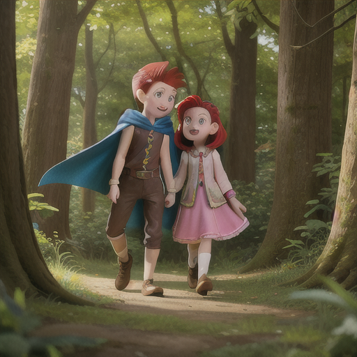 Adventure-seeking sibling duo, red-haired boy and blue-haired girl, in an enchanted forest, discovering a hidden magical treasure, fairytale creatures and sparkling gemstones, matching capes and fantasy-inspired clothing, richly detailed anime style, an aura of excitement and mystery