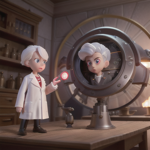 Time-traveling scientist boy, platinum hair and curious red eyes, amidst a dramatic clash of historical eras, explaining complex theories to baffled ancestors, a sleek futuristic device in hand, innovative lab coat and casual attire, time-merge animation style, engaging and thought-provoking ambiance