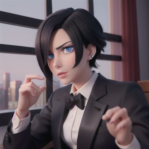 Elegant anime businessman, slick black hair and piercing blue eyes, in a luxurious high-rise boardroom, engaging in an intense negotiation, a beautiful cityscape visible through large windows, classy suit and tie with cufflinks, sharp and sleek image style, an atmosphere of power and sophistication