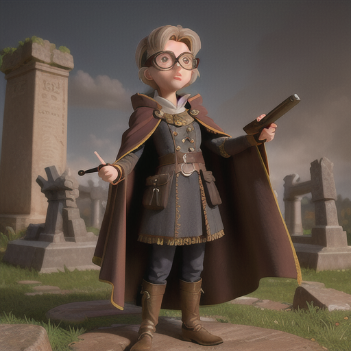 Enigmatic time-traveler, short whitesilver hair, standing on an ancient battlefield, scribbling notes while observing combat, an array of strange artifacts with mysterious origins, tattered cloak and steampunk goggles, chiaroscuro image style, air of mystery and historical significance