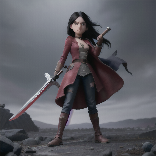Brooding demon slayer, midnight black hair and steely blue eyes, in a desolate battlefield, brandishing a giant sword, defeated demons scattered around, tattered uniform and a choker-style necklace with runes, dark and brooding art style, a feeling of determination and resilience