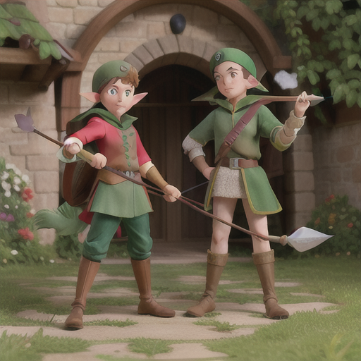 Robin Hood-inspired archer elf, emerald green hair and leaf-shaped ears, in front of a medieval castle gate, stealthily firing arrows to disable unnoticed traps, a trusted wolf companion by their side, traditional leather armor and a feathered cap, sketchy and dynamic anime style, capturing cunning and resourcefulness