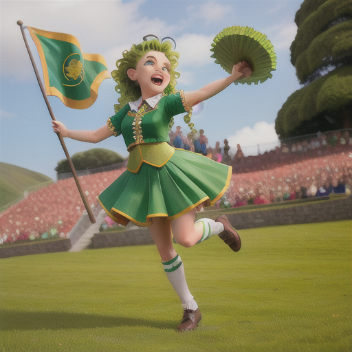 Whimsical Irish step dancer, vivid green hair in tight curls, on a lush, rolling hill in Ireland, performing a fast-paced jig, a cheering crowd with a flag waving, a traditional Irish dance costume and shoes, bright and energetic color scheme, celebrating the spirit of culture and tradition