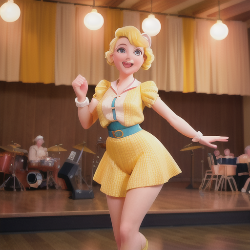 Upbeat swing dancer, pastel yellow hair with a victory roll, in a 1940s-inspired dance hall, executing a high-energy aerial, live jazz band playing, vintage clothing reminiscent of the era, lively and nostalgic anime style, brimming with excitement and retro charm