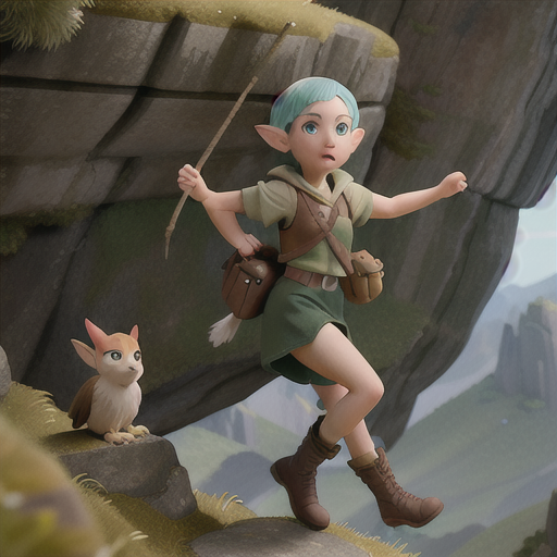 Adventurous elven scout, sporty short hair and streamlined pointed ears, traversing a treacherous mountain path, expertly scaling rocky cliffs using special elven rope, a loyal eagle companion soaring above, a lightweight vest and sturdy hiking boots, bold and action-oriented anime style, showcasing endurance and determination