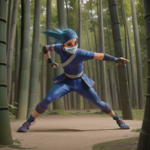Spirited ninja warrior, electric blue hair with a masked bandana, in a dense bamboo forest, stealthily avoiding patrolling guards, a hidden village nestled in the trees, a sleek and functional ninja garb, contrasting shadows and highlights, an atmosphere of tension and intrigue