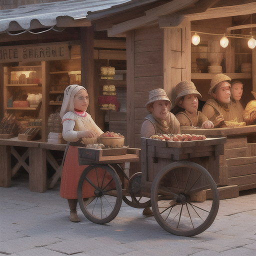 The bustling medieval market was a hub for peasants, peddling their wares, their faces weathered from harsh conditions yet glowing with satisfaction from a hard day's work.