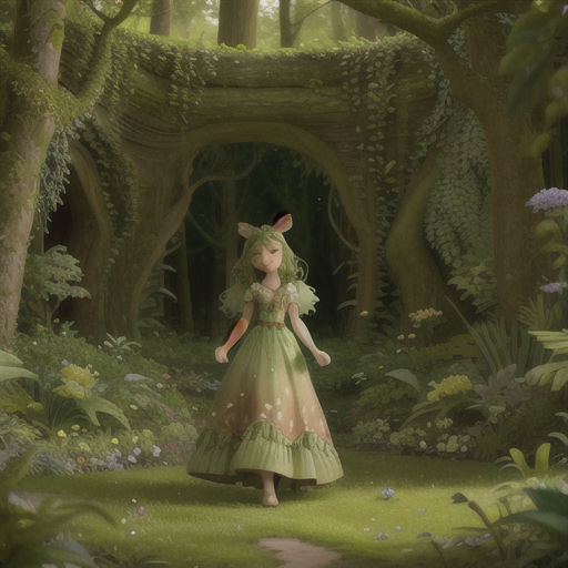 Nature-loving druid, earthy green hair adorned with flowers, in a lush and enchanted forest, summoning vines and woodland creatures, a family of deer and animated plants in the background, a flowing dress made of natural materials, a combination of saturated colors and organic textures, a tranquil and otherworldly atmosphere