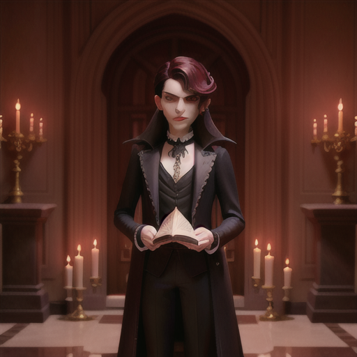 Vampire prince, mesmerizing crimson eyes and dark hair, in an opulent gothic castle, examining a mysterious ancient tome, a candelabra casting eerie shadows on the walls, sophisticated black suit with Victorian-inspired accessories, contrast-rich and atmospheric art style, air of enigmatic allure and power
