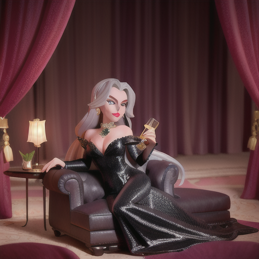 Sassy femme fatale, long silver hair cascading over one eye, in an opulent hotel suite, sipping champagne while lounging on a luxurious chaise, a glittering skyline visible behind sheer curtains, stylish black dress and diamond jewelry, noir-inspired art style, air of elegance and intrigue