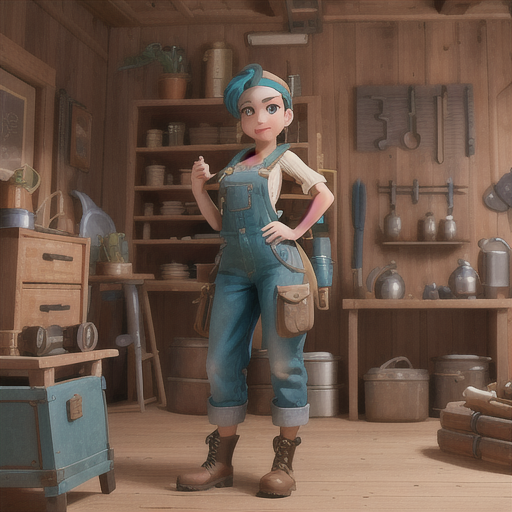 Resourceful inventor, expressive teal hair framed by a gear-patterned bandana, in a brilliant steampunk workshop, building a magnificent invention, an array of mechanical contraptions surrounding her, well-worn overalls with toolbelt, dynamic and intricate anime style, an ambiance of innovation and creativity