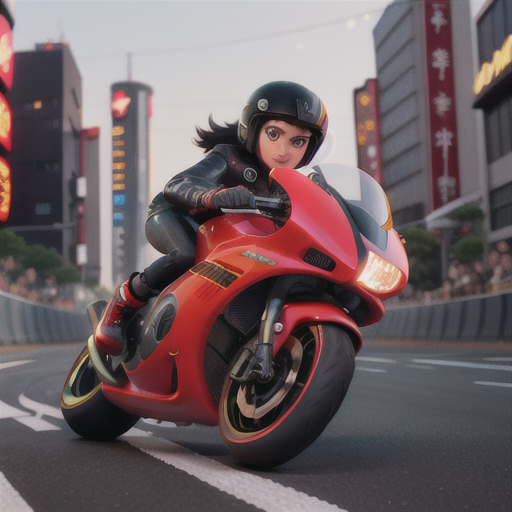 Competitive street racer, jet black hair and crimson highlights, on the vibrant streets of a Tokyo-inspired city, pushing the accelerator of a futuristic motorcycle, cheering onlookers lining the sidewalk, black leather jacket and racing helmet, high-speed action-oriented art style, intensity and excitement central
