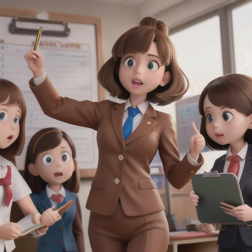 No-nonsense teacher, light brown hair in a strict bun, colorful and noisy school festival, scolding a group of misbehaving students, clipboard and schedule in hand, tailored business suit, clean lines and distinct shading, commanding authority and control in the midst of chaos